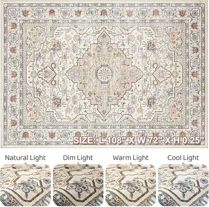 6x9 Area Rugs Living Room: Washable Boho Large Neutral Vintage Soft Rug Stain Resistant Farmhouse Non Slip Indoor Floor Carpet for Bedroom Nursery Kids Playroom Office Dining Room- Cream Blue