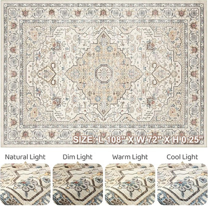 6x9 Area Rugs Living Room: Washable Boho Large Neutral Vintage Soft Rug Stain Resistant Farmhouse Non Slip Indoor Floor Carpet for Bedroom Nursery Kids Playroom Office Dining Room- Cream Blue
