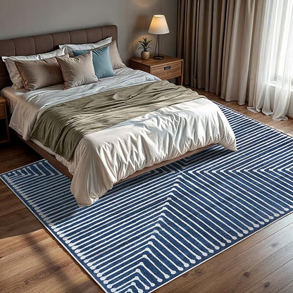 GLN Rugs Contemporary Collection - Machine Washable Area Rug, Contemporary Washable, Non Slip, Low Pile Chenille Rug, Living Room, Bedroom, Kitchen Rug (4' x 6' Lines Blue)