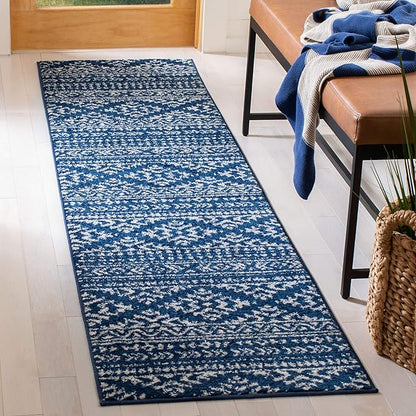 SAFAVIEH Tulum Collection Runner Rug - 2' x 17', Navy & Ivory, Moroccan Boho Tribal Design, Non-Shedding & Easy to Clean, Ideal for Living Room, Hallway, Foyer, Bedroom (TUL272N)