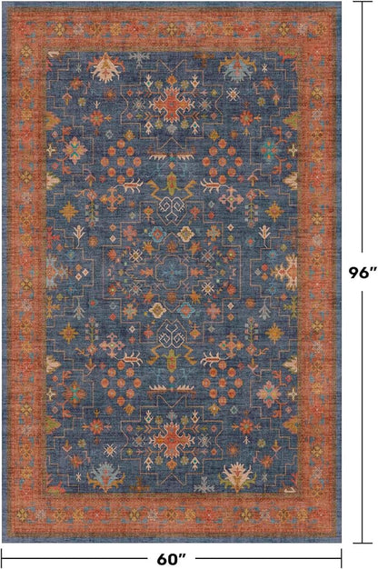 Dark Blue & Terracotta 5x8 Living Room Rug - Machine Washable Area Rugs for Bedroom, Dining Room, Kitchen Floor, Small Office, Low Pile Non-Slip Rubber Backing & Stain Resistance