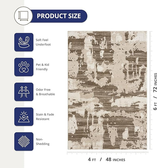Abani Terra Area Rug for Living Room, Bedroom - Abstract Pattern - Brown Cream - 4' x 6' - Durable & Easy to Clean