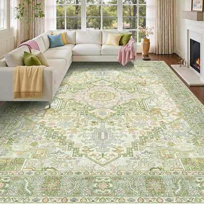 Kokia 8x10 Washable Sage Green Area Rugs with Vintage Orient Design Soft Rug for Living Room or Bedroom Non-Slip Low Pile Stain Resistance Features Distressed Medallion Pattern