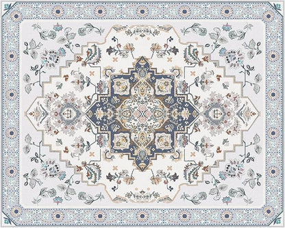 Phantoscope Washable Area Rug 8'x10' Non-Slip, Vintage Boho Rugs for Living Room, Bedroom, Dining Room, Persian Floral Medallion Pattern, Low-Pile Foldable Floor Carpet, Ivory Blue/Garden Bloom