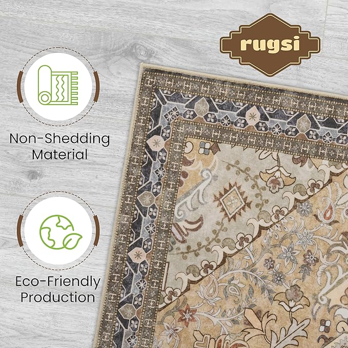Washable Area Rug 4x6 | Non Slip Area Rug for Living Room, Bedrooms, Dining Room | Ultra-Soft Flannel Carpet Area with Rubber Backing (Olive Brown, 4x6)