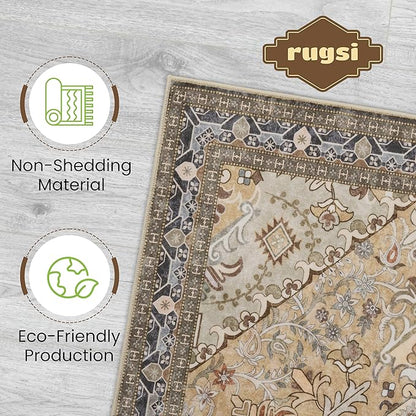 Washable Entryway Rug 3x5 | Non Slip Rug Runners for Hallways, Entryways, Kitchens, Bathrooms, Bedrooms | Ultra-Soft Flannel Carpet Kitchen Rug with Rubber Backing (Olive Brown, 3x5)