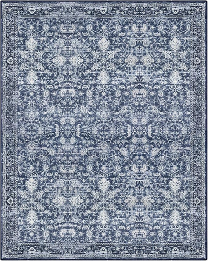 KILOCOCO Area Rug 8x10 Living Room Rug Washable Printed Vintage Floral Non Slip Soft Rubber Backed Indoor Bedroom Rugs for Laundry Room Kitchen Playroom Moroccan Area Rugs, Blue