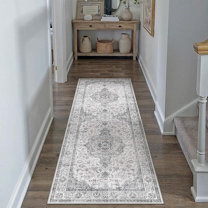 HUGEAR 2x6 Runner Rug Hallway Vintage Grey Machine Washable Neutral Floral Low Pile Carpet Vacuumable Thin Long Throw Rug Bedroom Office Bathroom Kitchen Laundry Non Slip Soft Lightweight