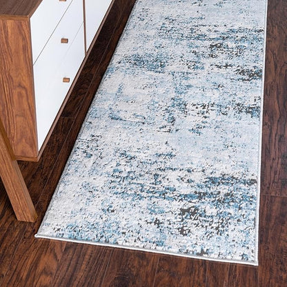Rugs.com Leipzig Collection Rug – 8 Ft Runner Blue Low-Pile Rug Perfect for Hallways, Entryways