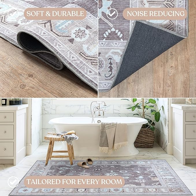 Brown Oushak Rug, Modern, Vintage, Turkish, Eclectic, Floral, Pastel, Washable, Area Rugs for Living Room, Dining, Bedroom, Nursery, Girls, Boys, 5'9"x8'9"