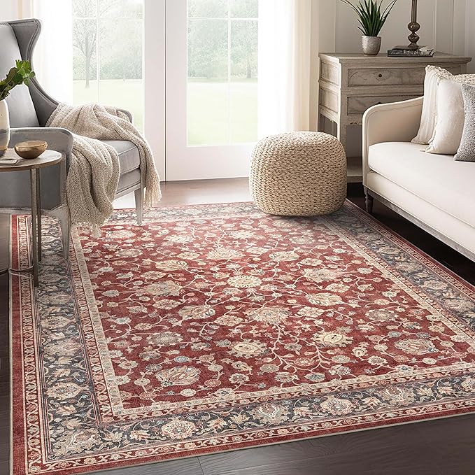 Well Woven Asha Rome Red 6' x 9' Area Rug - Oriental Floral Pattern, Easy Clean, Floor-Friendly Backing - for Living Room, Bedroom, and Dining Room