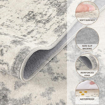 2x3 Entryway Area Rug: Washable Neutral Modern Abstract Small Rug - Non-Slip Low Pile Throw Indoor Carpet for Entrance Kitchen Front Door Mat Bathroom Entry Kids Room - Grey/Light Brown