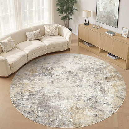 10ft Round Area Rug Living Room Rugs - 10x10 Washable Large Neutral Modern Abstract Soft Thin Rug Indoor Floor No Slip Rug Carpet for Bedroom Under Dining Table Home Office Decor - Golden Grey