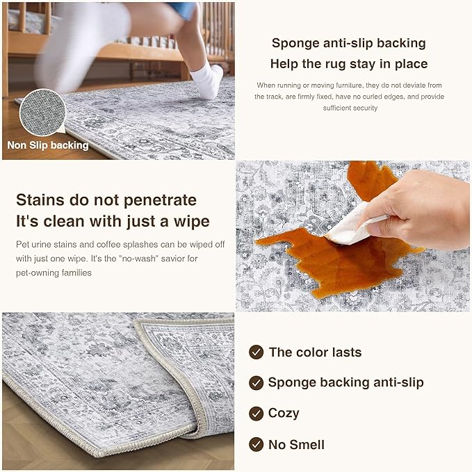 HUGEAR Washable 8x10 Area Rugs Retro Grey Living Room Bedroom Rug Vintage Distressed Non Slip Stain Resistant Low Pile Neutral Throw Carpet for Home Decor