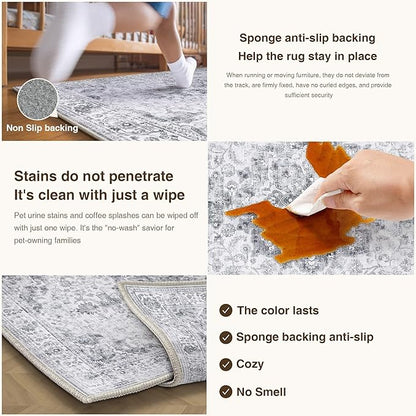 HUGEAR Washable 9x12 Area Rugs Retro Grey Living Room Bedroom Rug Vintage Distressed Non Slip Stain Resistant Low Pile Neutral Throw Carpet for Home Decor