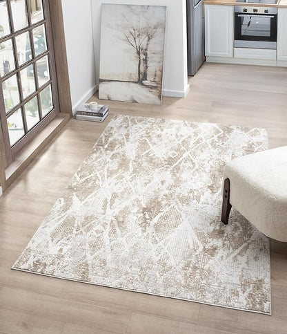 Adel Modern Area Rug for Living Room, 8x10 Rustic Distressed Abstract Large Beige Neutral Rug, Medium Pile Stain Resistant Carpet for Bedroom, Dining Room or Kitchen (8' x 10', Beige)