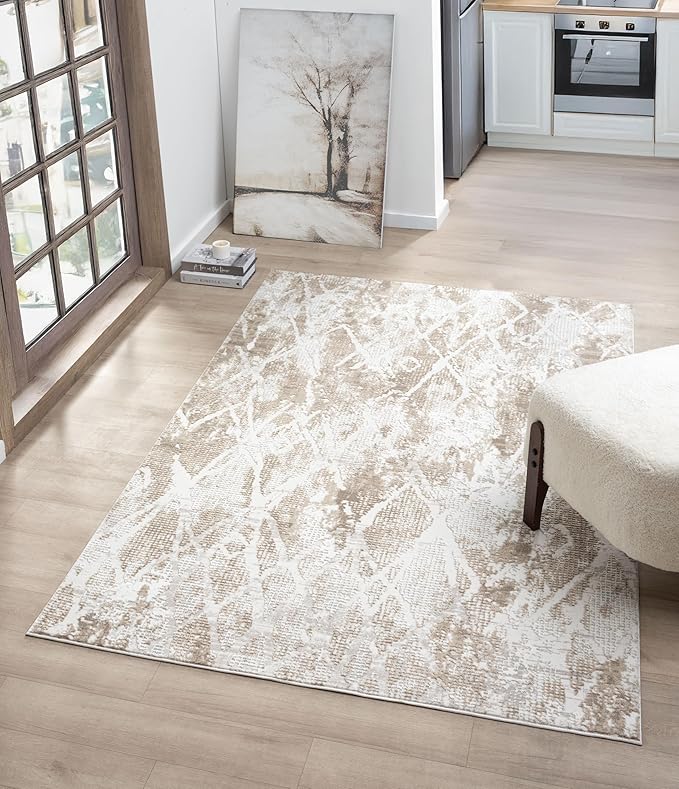 Adel Modern Area Rug for Living Room, 5x7 Rustic Distressed Abstract Beige Neutral Rug, Medium Pile Stain Resistant Carpet for Bedroom, Dining Room or Kitchen (5' x 7', Beige)