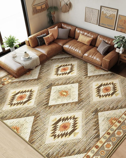 Area Rug 7x9 Rug Machine Washable Non-Slip Low Pile Print Pattern Western Rug for Living Room Bedroom Entryway Tribal Series-Cream/Camel
