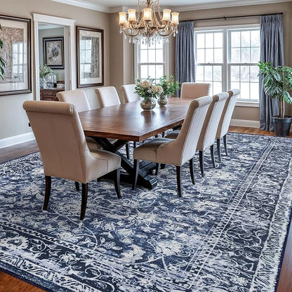 KILOCOCO Area Rug 9x12 Living Room Rug Washable Printed Vintage Floral Non Slip Soft Rubber Backed Indoor Bedroom Rugs for Laundry Room Kitchen Playroom Moroccan Area Rugs, Blue