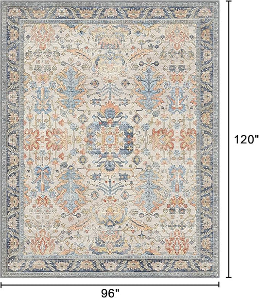 Area Rugs 8x10 Clearance Washable Boho Rug for Bedroom Living Room, Non Slip Thin Low Pile Chenille Carpet for Dining Room,Vintage Farmhouse, Teal/Multi