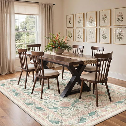 Bavni 8x10 Area Rugs for Living Room, Microfiber Machine Washable Non-Slip Vintage Floral Rug, Low Pile Lightweight Carpet for Bedroom, Dining Room, Home Office, Beige&Pink