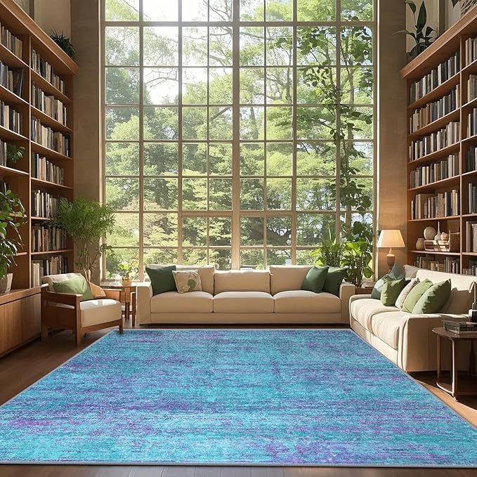10x12 Abstract Area Rugs for Living Room, Modern Teal Purple Washable Indoor Rug for Bedroom, Soft Large Non-Slip Carpet for Dining Room Home Office Farmhouse Decor - Teal+Purple