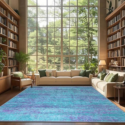 10x12 Abstract Area Rugs for Living Room, Modern Teal Purple Washable Indoor Rug for Bedroom, Soft Large Non-Slip Carpet for Dining Room Home Office Farmhouse Decor - Teal+Purple
