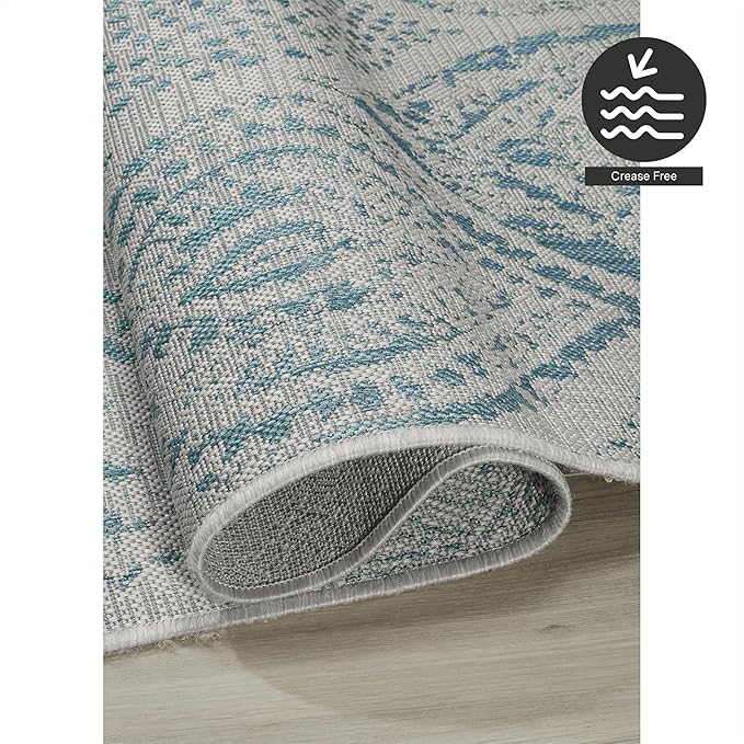 FH Home Flat Woven Outdoor Rug - Waterproof, Easy to Clean, Stain Resistant - Premium Polypropylene Yarn - Distressed Farmhouse - Patio, Deck, Porch, Balcony - Granada - Aqua - 3ft 11in x 5ft 6in