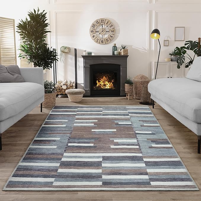 Bloom Rugs Washable Non-Slip 6' x 9' Rug - Blue/Brown Striped Area Rug for Living Room, Bedroom, Dining Room, and Kitchen - Exact Size: 6' x 9'