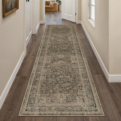Hallway Runner Rug 2x8 Washable Brown Vintage Distressed Long Runner Oriental Soft Thin Indoor Carpet Non Slip Low Pile Throw Rug for Kitchen Bedroom Laundry Bedside Entryway