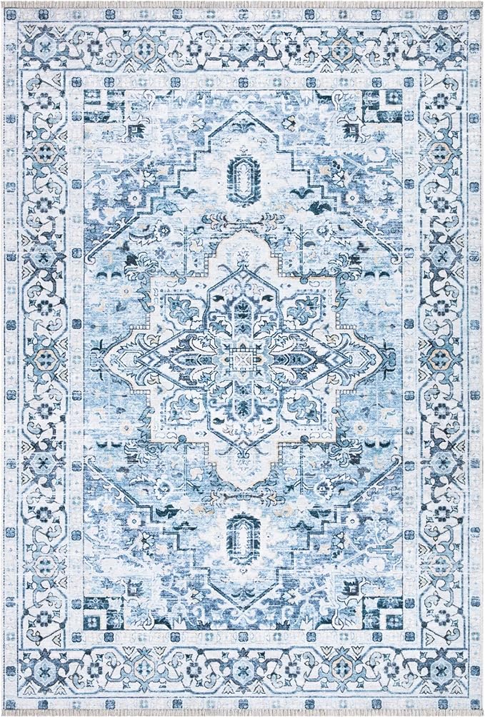 Bloom Rugs Caria Washable Non-Slip 6x9 Rug - Blue Traditional Area Rug for Living Room, Bedroom, Dining Room, and Kitchen - Exact Size: 6' x 9'