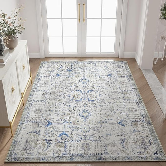 jinchan Kalen Area Rug 4x6 Washable Bedroom Rug Soft Vintage Indoor Thin Retro Distressed Floor Cover Blue Floral Country Boho Non Slip Living Room Bathroom Kitchen