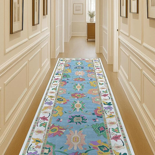 Fame Living Colorful Oushak Runner Rug, Modern Runners, Vintage, Turkish, Eclectic, Floral, Pastel, Washable, Runner for Hallway, Kitchen, Bedroom, Bathroom, 2'5"x9'8"