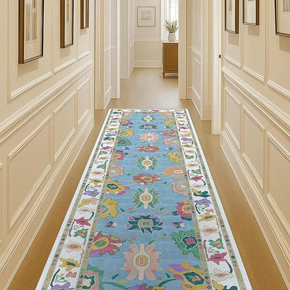 Fame Living Colorful Oushak Runner Rug, Modern Runners, Vintage, Turkish, Eclectic, Floral, Pastel, Washable, Long Runner Rugs for Hallway, Kitchen, Living Room, Bedroom, Kitchen, Bathroom, 2'5"x13'