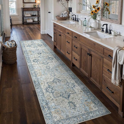 Runner Rug 2'6''x10, Non Slip Vintage Hallway Runner Rugs, Low Pile Lightweight Machine Washable Mat for Hallway, Entryway, Bedroom, Kitchen and Corridor, Blue