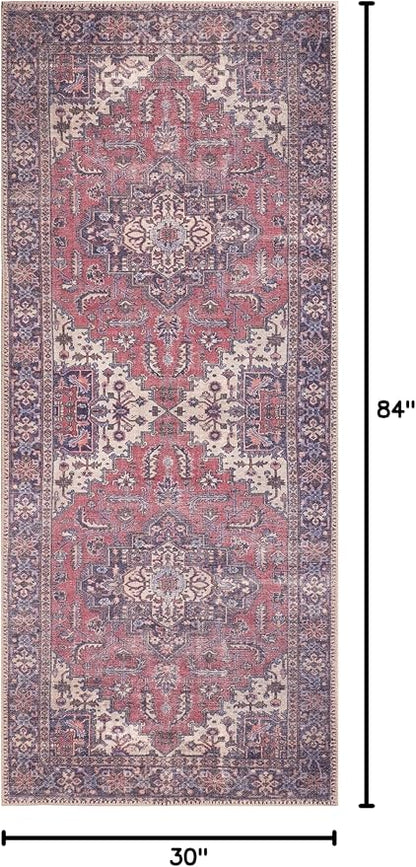 GLN Rugs Traditional Collection - Machine Washable Area Rug, Traditional Washable, Non Slip, Low Pile Chenille Rug, Living Room, Bedroom, Kitchen Rug (2'6" x 7' Multi Blue)
