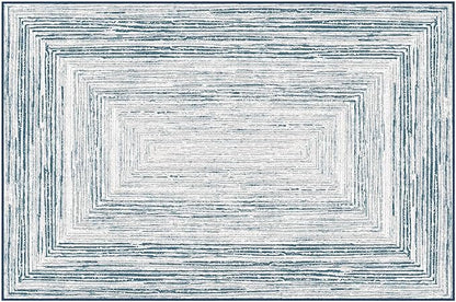 Phantoscope Washable Area Rug 4'x6' Non-Slip, Modern Neutral Boho Rugs for Living Room, Bedroom, DiningRoom, Distressed Geometric Rectangle Pattern, Low-Pile Foldable Floor Carpet, Coastal Blue/Grey