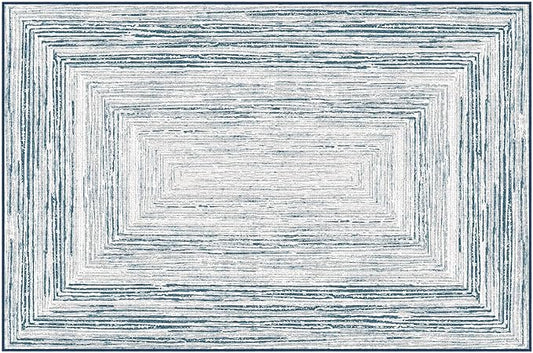 Phantoscope Washable Area Rug 4'x6' Non-Slip, Modern Neutral Boho Rugs for Living Room, Bedroom, DiningRoom, Distressed Geometric Rectangle Pattern, Low-Pile Foldable Floor Carpet, Coastal Blue/Grey