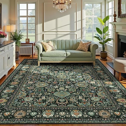 Dark Green Floral Living Room Rug 5x7 Washable Rugs Boho Vintage Oriental Large Foldable Faux Wool Carpet for Bedroom Nursery Room Dorm Kids Playroom Home Office
