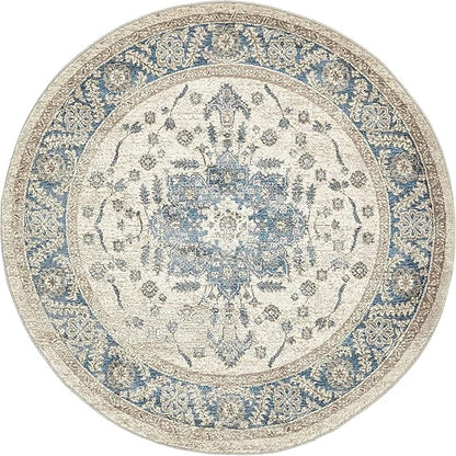 Unique Loom Salzburg Collection Classic Traditional Design Oriental Inspired Border Area Rug (5' 0 x 5' 0 Round, Beige/Blue)