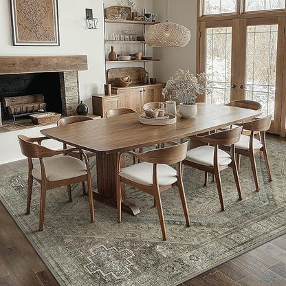Bavni Washable Rug 3x5 Area Rug for Living Room Bedroom Dining, Washable Vintage Print Carpet, Ultra-Thin Chenille Low Pile Lightweight Rug with Non Slip Backing, Tan