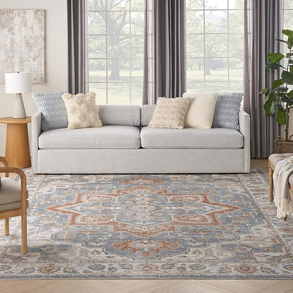 Nourison Home Astra Machine Washable Traditional Denim Multi 7'10" x 10' Area Rug, Easy Clean, Non Shedding, Bed Room, Living Room, Dining Room, Kitchen (8x10)
