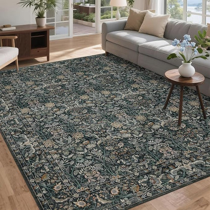 Washable Living Room Rug: 8x10 Boho Floral Soft Area Rug for Bedroom Decor - Vintage Low Pile Thin Carpet for Dining Room Non-Slip - Farmhouse Stain Resistant Rugs - Dark Green