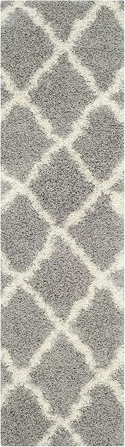 SAFAVIEH Dallas Shag Collection Runner Rug - 2'3" x 8', Grey & Ivory, Trellis Design, Non-Shedding & Easy Care, 1.5-inch Thick Ideal for High Traffic Areas in Living Room, Bedroom (SGD257G)