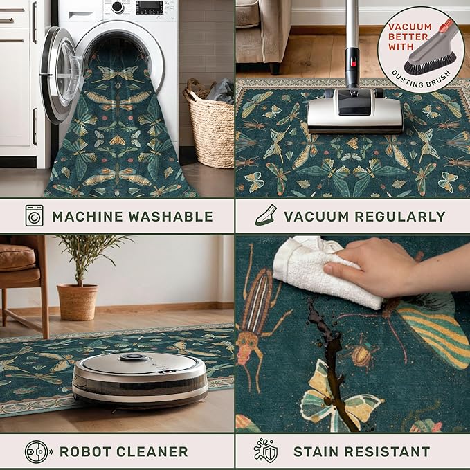 Brown and Green Kitchen Sink Runner Rug 2x5 - Teal Boho Bathroom Rugs for Entrance Indoor, Insect Print Floral Vintage Unique, Washable Non Skid Stain Resistant