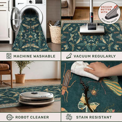 Insect Blue Green Living Room Rug 5x8 - Washable Area Rug for Bedroom, Dining Room, Kids Playroom, Home Office, Boho Butterfly Non Slip Stan Resistant