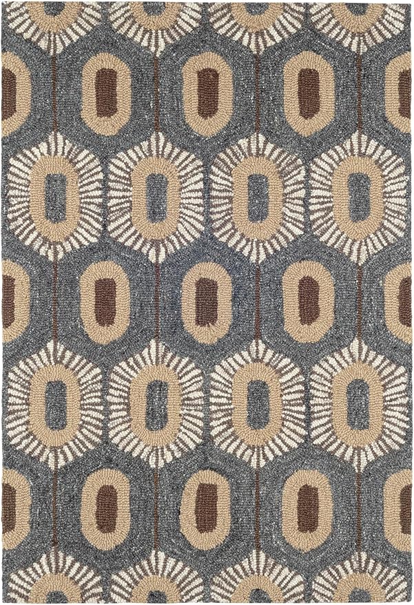 Dash & Albert Stowe Hand Micro Hooked Wool Rug, 5 X 8 Feet, Blue/Browns Geometric Pattern