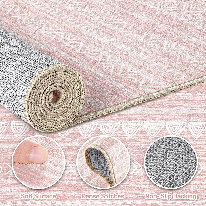 Nakagishi Round Rug Kitchen Washable Rugs: 5x5 Non-Slip Boho Soft Modern Stain Resistant Indoor Floor Neutral Farmhouse Throw Carpet for Hallway Bathroom Laundry Room Entryway Bedroom- Pink
