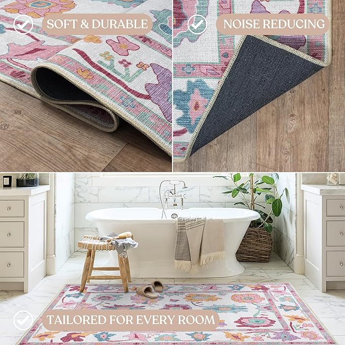 Fame Living Pink Oushak Rug, Modern Rugs, Vintage, Turkish, Eclectic, Floral, Pastel, Washable, Small Throw, Accent Area Rug for Living Room, Bedroom, Kitchen, Bathroom, 2'5"x4'9"