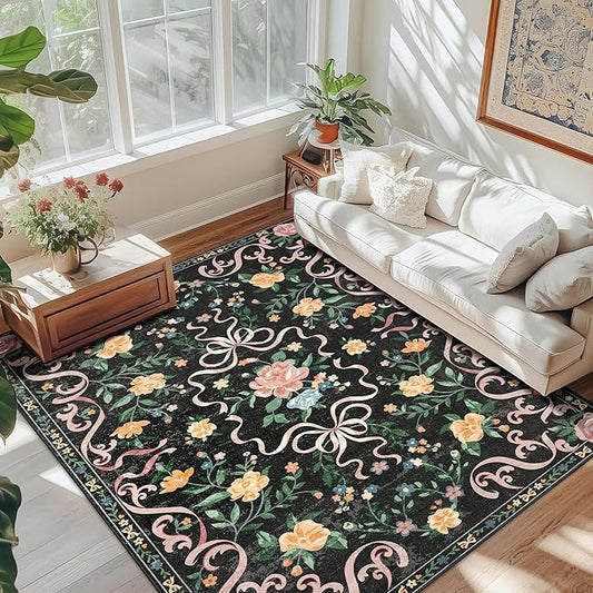 Black Rug Bow Floral 8x10 Rug, Washable Area Rugs for Bedroom Living Room, Dining Room,Kids Room, Office,Playroom, Boho Modern Aesthetic Farmhouse Decor Non Slip Low Pile Carpet